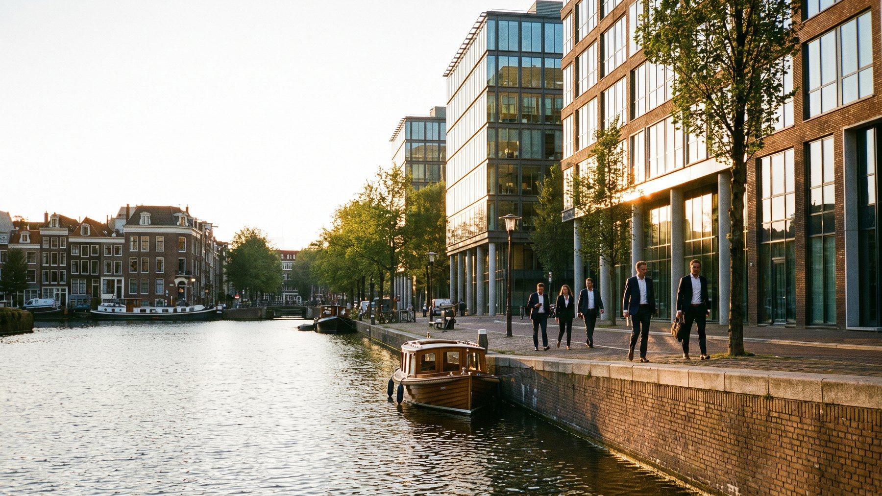Kantoorpanden aan een Amsterdamse gracht in de avondzon