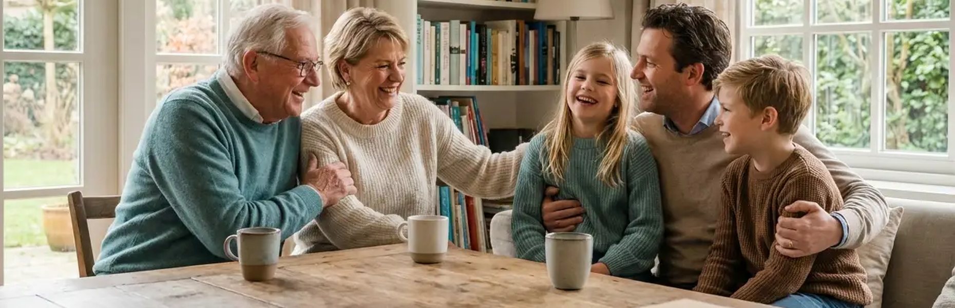 Een Nederlands gezin van meerdere generaties samen aan tafel