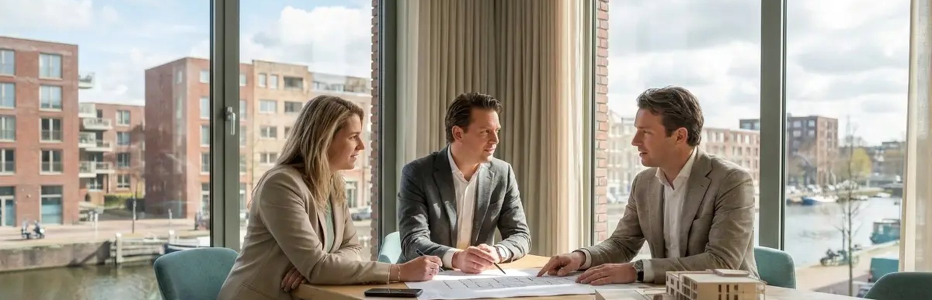 Ondernemers in overleg in een modern kantoor aan het water